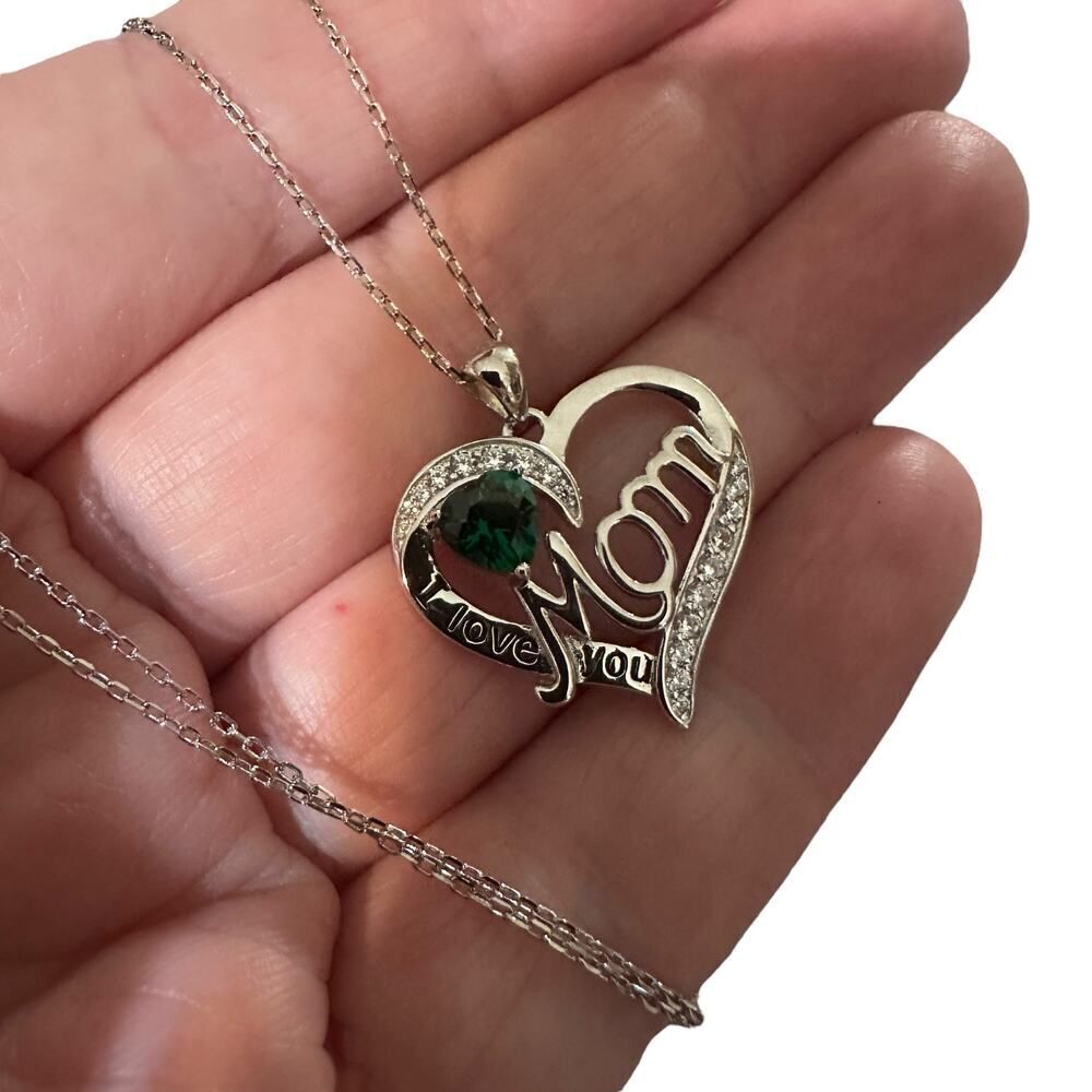 I Love You Mom Green Cz Heart Sterling Silver Necklace - Picture 6 of 6
